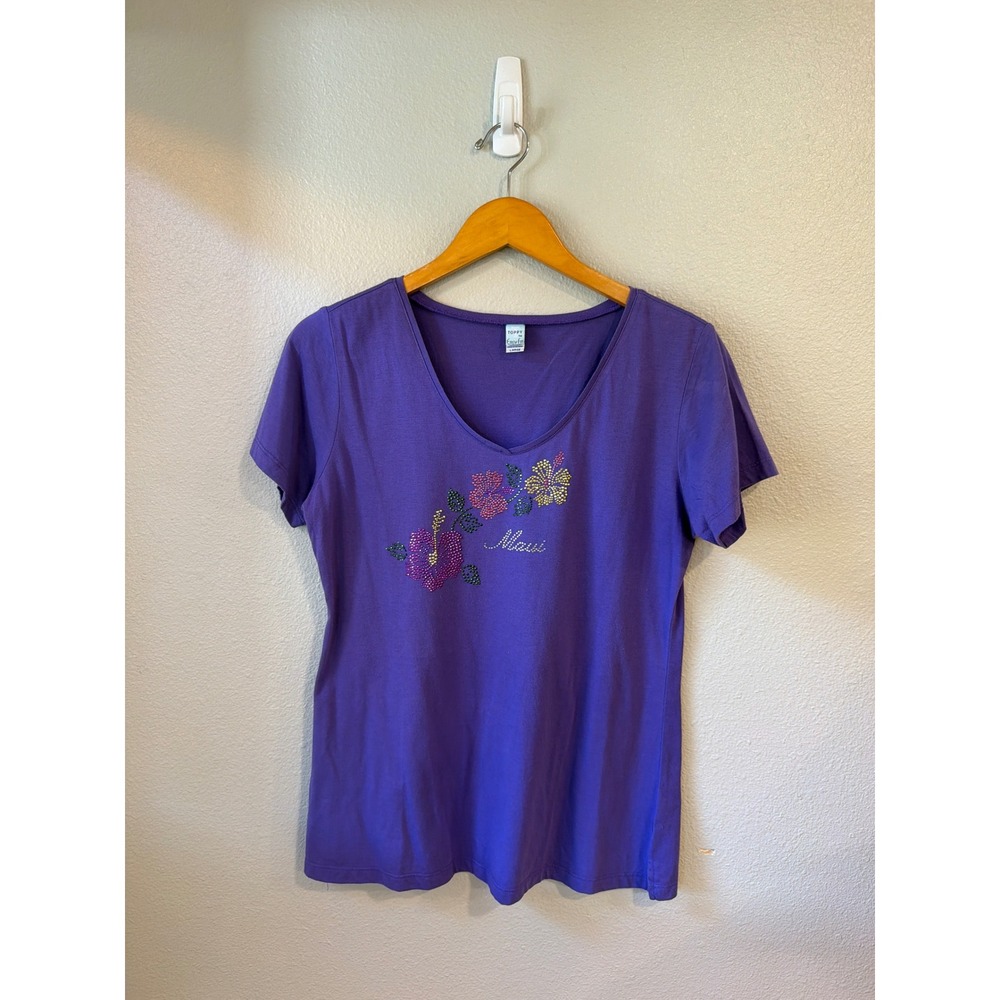 Toppy V-Neck T-Shirt Women Lg Purple Maui Rhinestone Hibiscus Floral Vtg - Picture 2 of 8